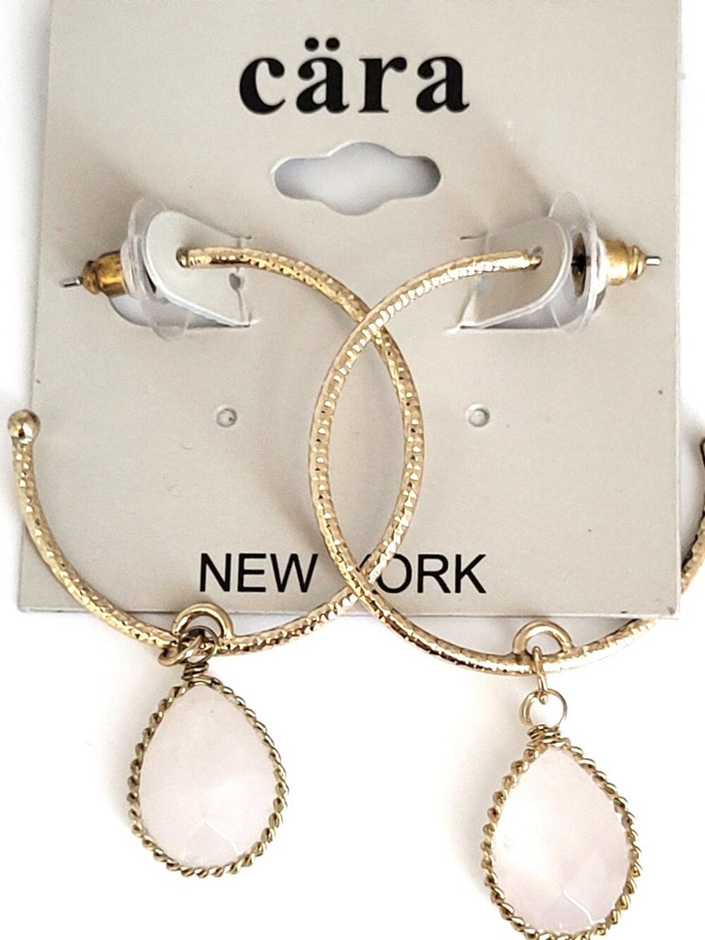 Cara New York Gold Tone Twist Hoop Earrings Rose Quartz Teardrop Dangle 1.25"